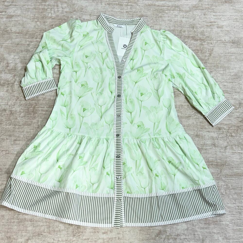Wenrine Women’s Small Green White Floral Dress Long Sleeve Watercolor Oversized